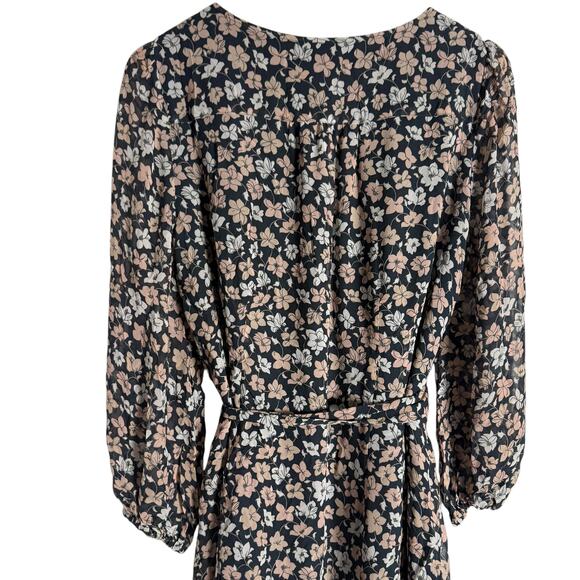 Club Monaco Silk Black Floral Print V-Neck Blouson Long Sleeve Mini Dress Sz 12 - Picture 13 of 16